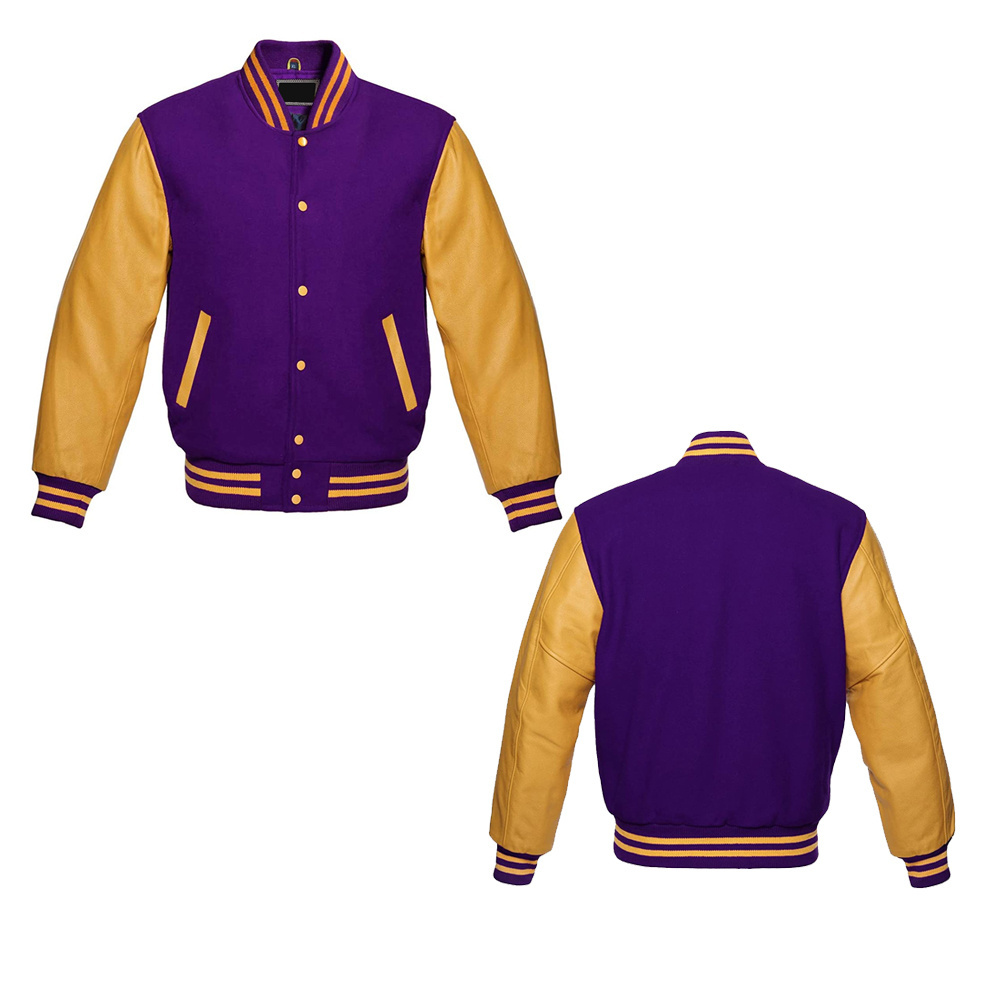 Premium Letterman Baseball School College Bomber Varsity Jacket Purple & Gold Genuine Leather Sleeves Jacket