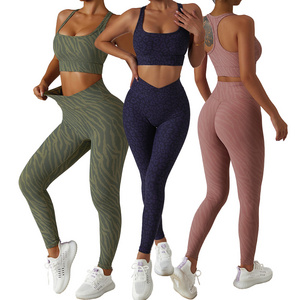 Women Fitness Workout Yoga Set Clothing Custom Printing Ribbed Sports 2 Pieces Gym Set Active Wear Yoga Sets