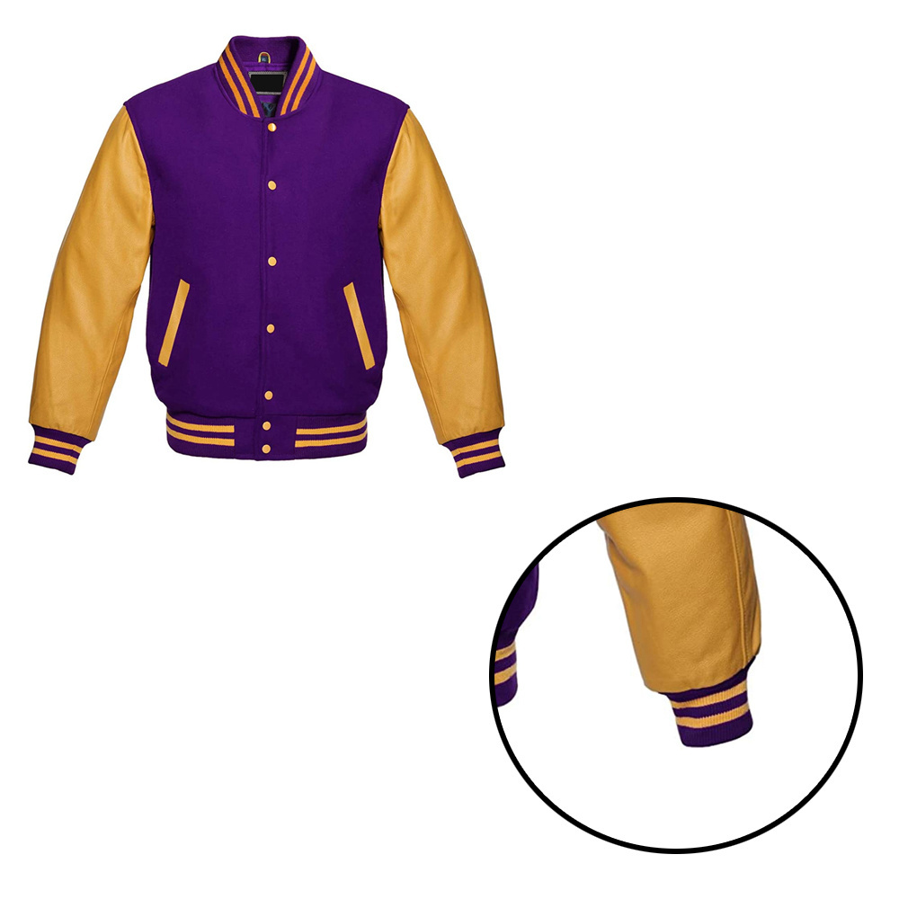 Premium Letterman Baseball School College Bomber Varsity Jacket Purple & Gold Genuine Leather Sleeves Jacket