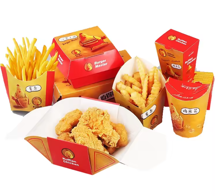 Custom Disposable Fast Food Box Container Takeaway French Fries Chicken Wing Burger Boxes Embossing Gold Foil Food Packaging