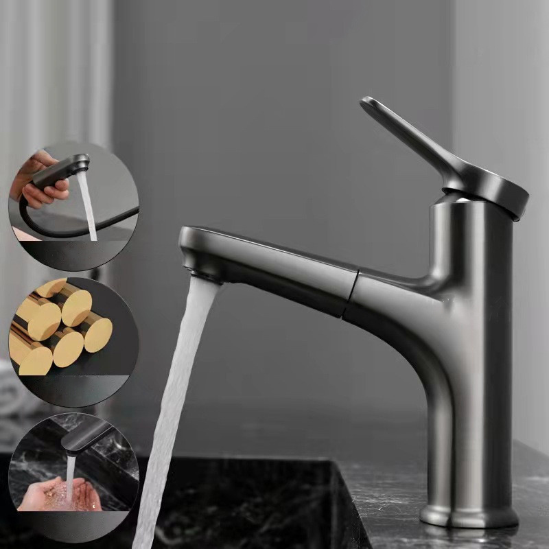 Brass Gun Metal Pull Out Bathroom Basin Faucet