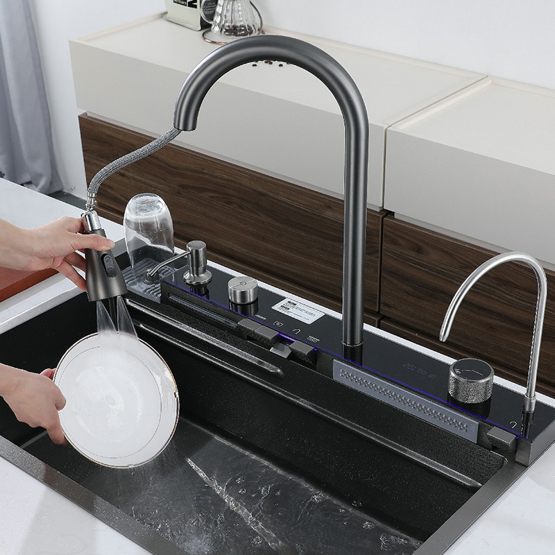 All In One LED Light Rainfall Multifunctional Kitchen Sink With Glass Rinser and Filter Faucet