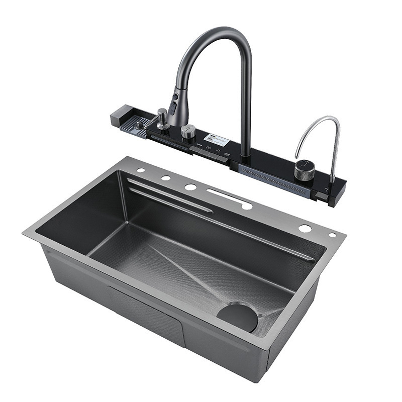 All In One LED Light Rainfall Multifunctional Kitchen Sink With Glass Rinser and Filter Faucet