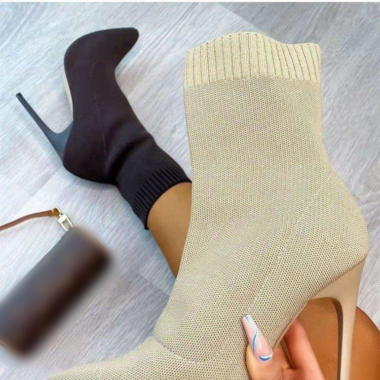 QuiteS Sexy Pointy Heel Ankle Boots New Women's Fall Winter Commuter High Heel Knit Plus Size Boots For Women