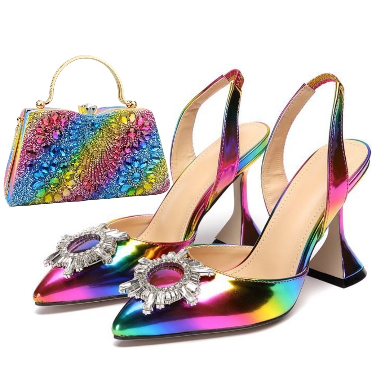 QuiteS Rainbow Shoes To Match Bag Set Women Party Shoes Set Pointy Rhinestone High Heels Shoes And Bags Set For Women