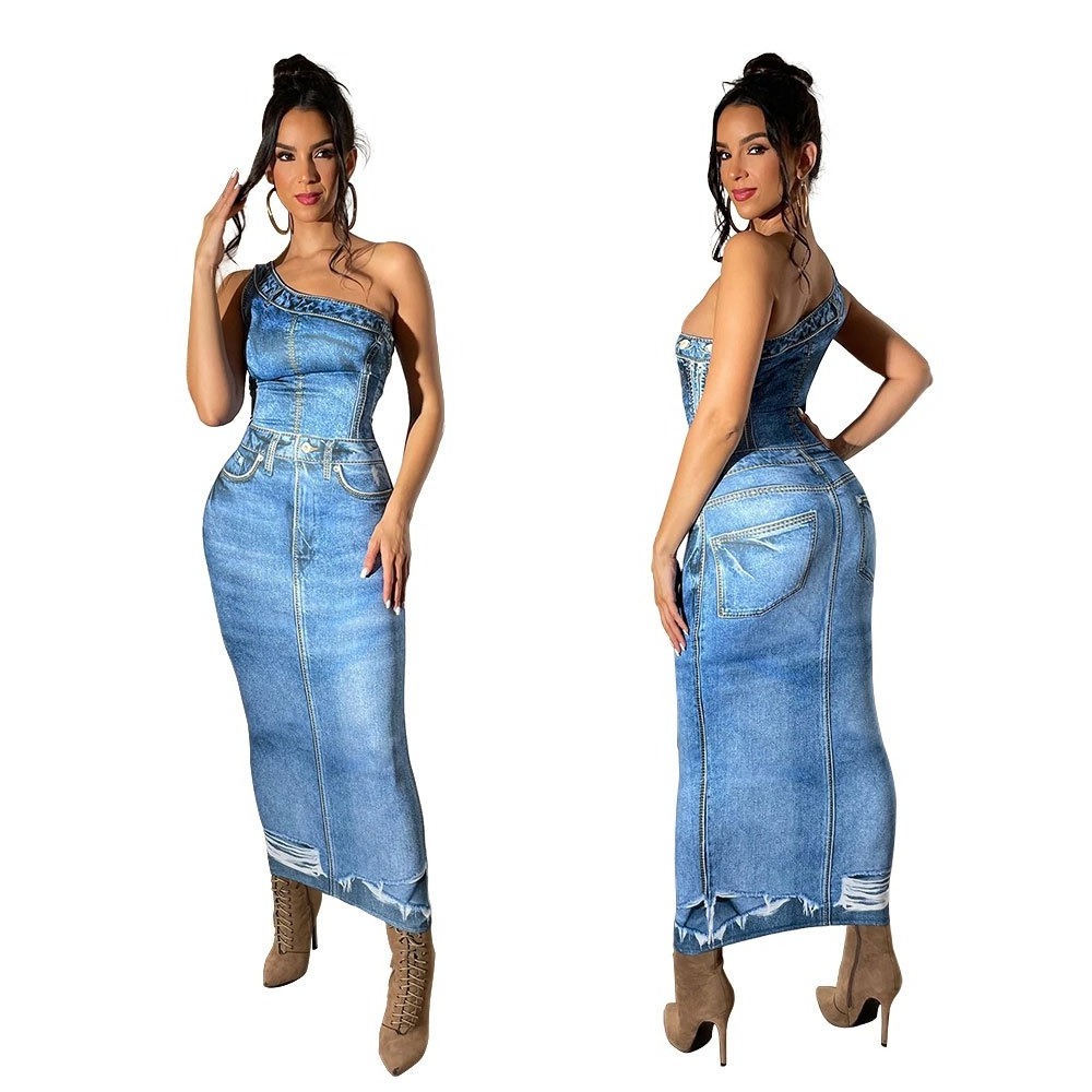 QuiteS Denim Printed One-Shoulder Slim Open Sexy Club Dress Hip Wrap Backless One Piece Women's Dress