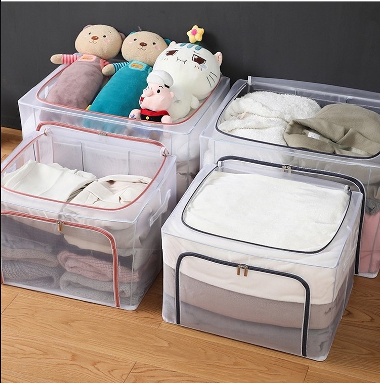 66L Large Capacity Clothes Organizer Clear Mesh Window Foldable Storage Bins Waterproof Storage Organizer with Carry Handles