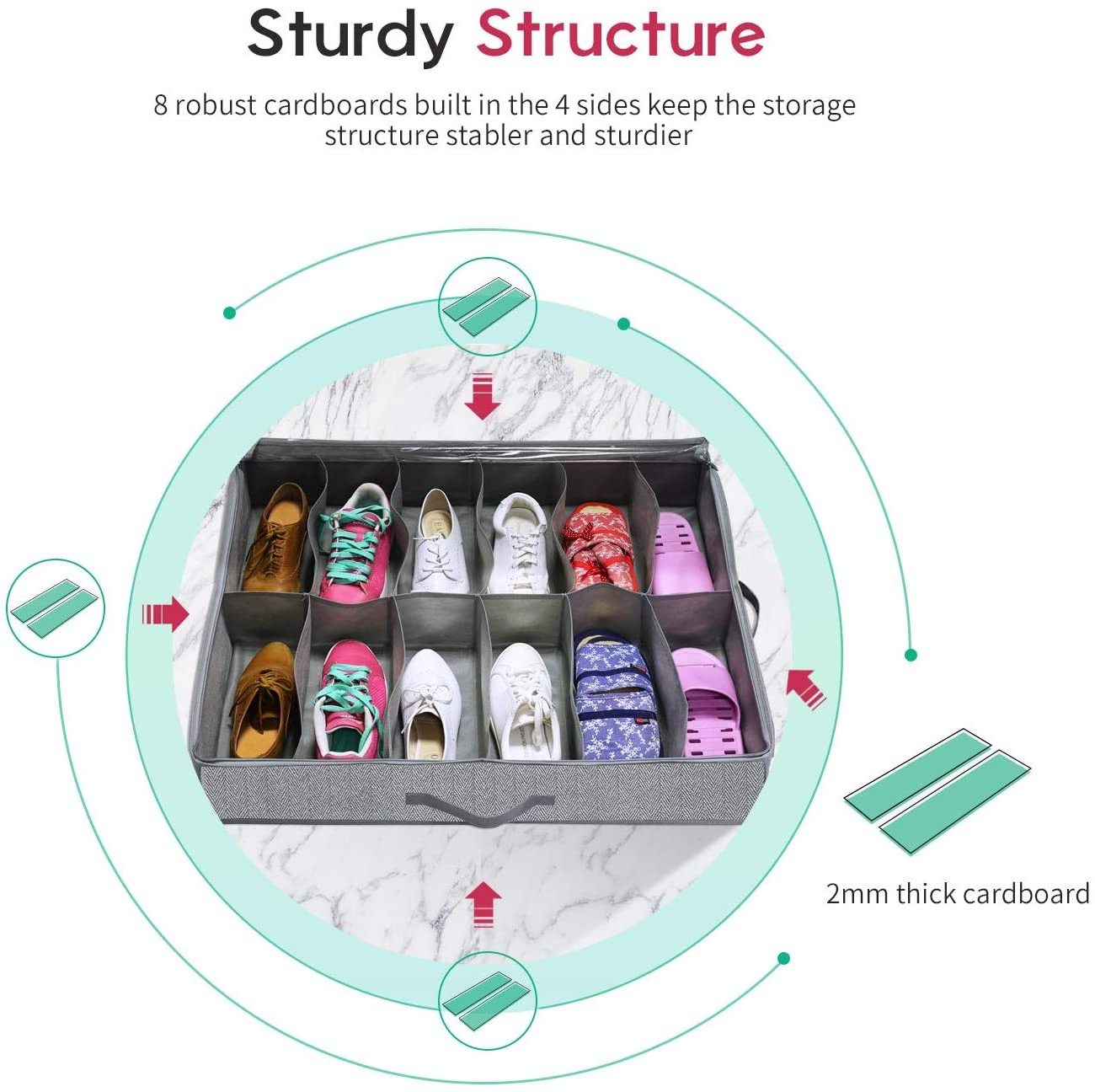 UnderBed Foldable Shoe Storage Organizer with Firm Handle Clear Lid Non-Woven Fabric Cloth Storage with Adjustable Dividers