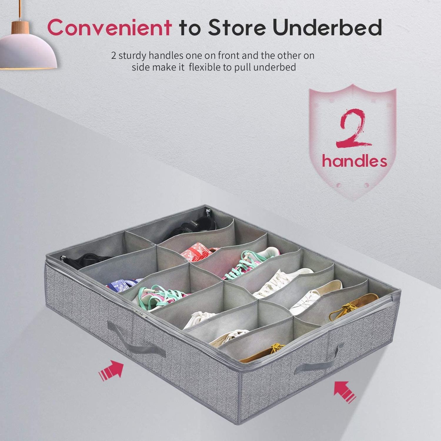 UnderBed Foldable Shoe Storage Organizer with Firm Handle Clear Lid Non-Woven Fabric Cloth Storage with Adjustable Dividers