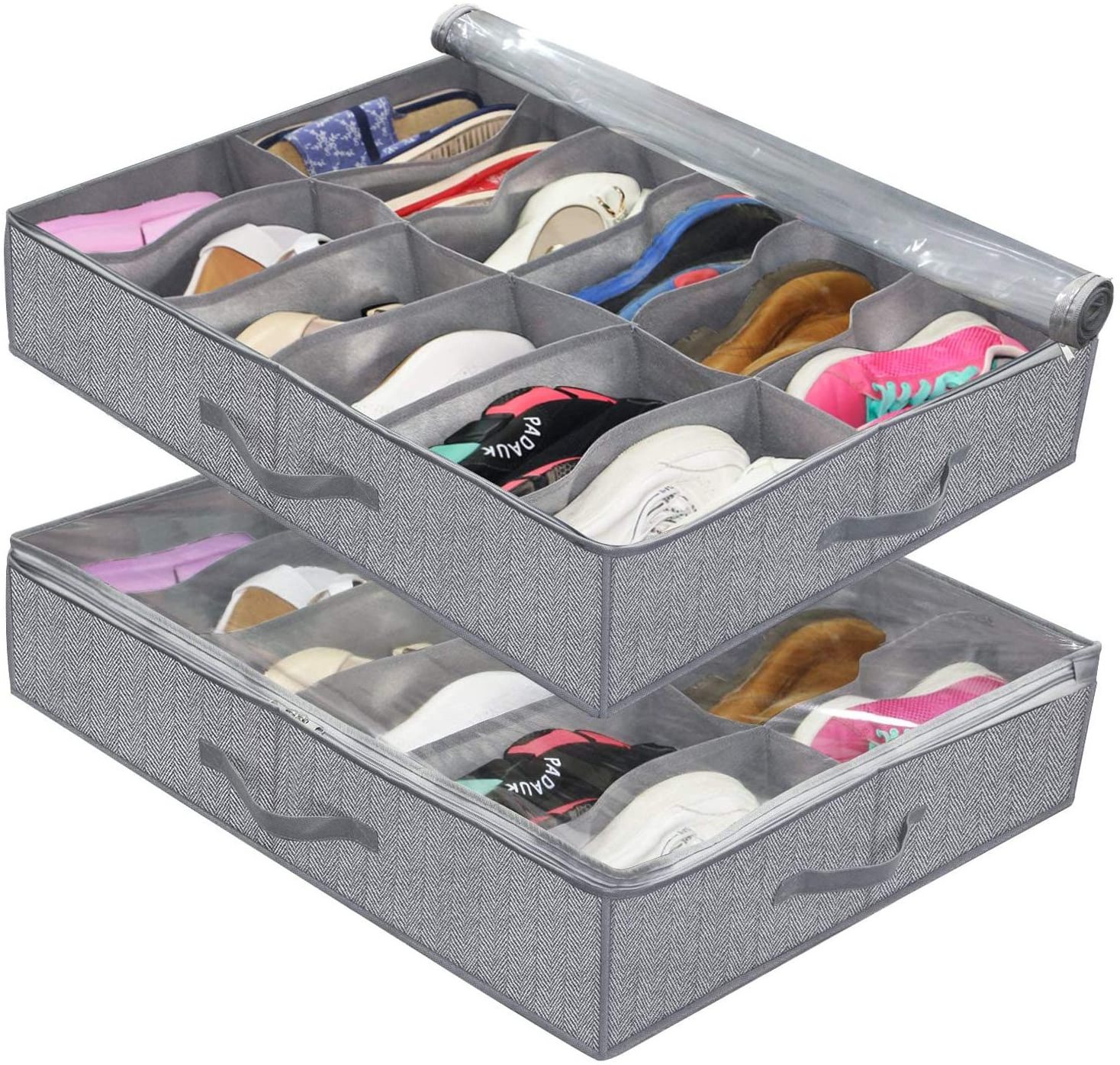 UnderBed Foldable Shoe Storage Organizer with Firm Handle Clear Lid Non-Woven Fabric Cloth Storage with Adjustable Dividers