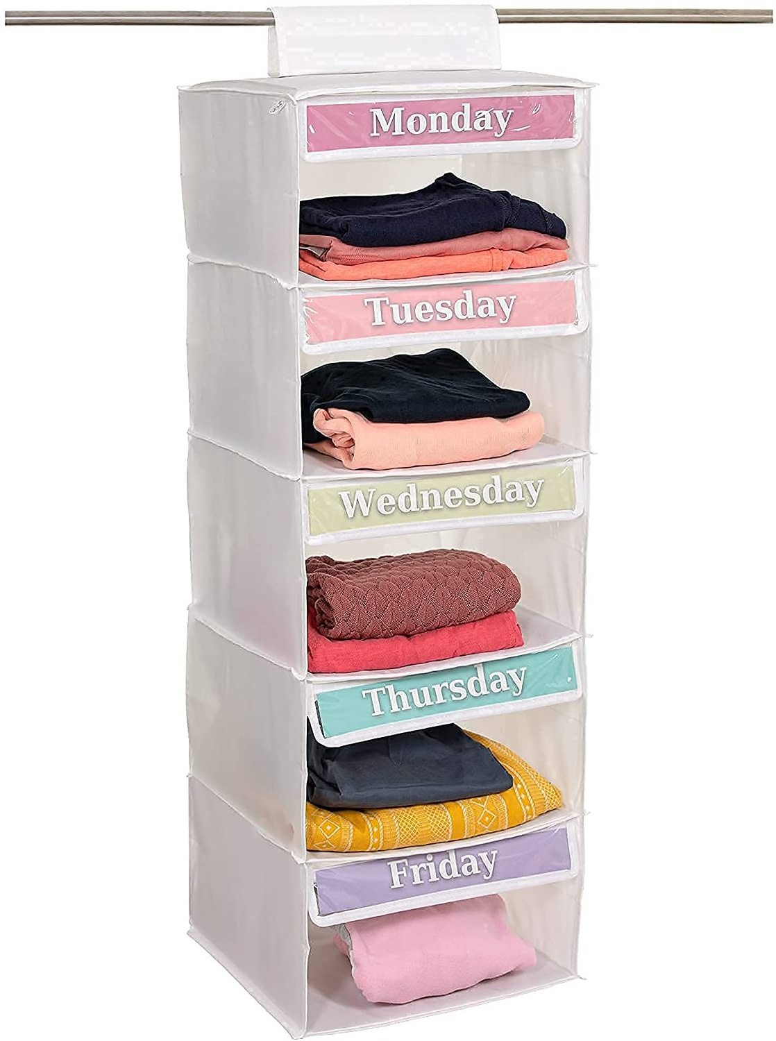 School Clothes Organizer Bag 5-Shelf Weekly Clothes Organizer for Kid Hanging Closet Organizer with Weekday Card and PVC window