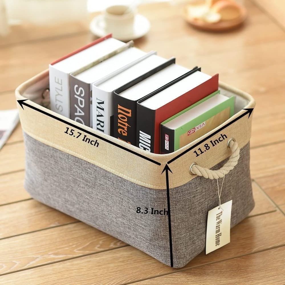 Rectangular Decorative Foldable Storage Basket with Carry Handles Linen Fabric Collapsible Storage Bin Organizer for Home Closet