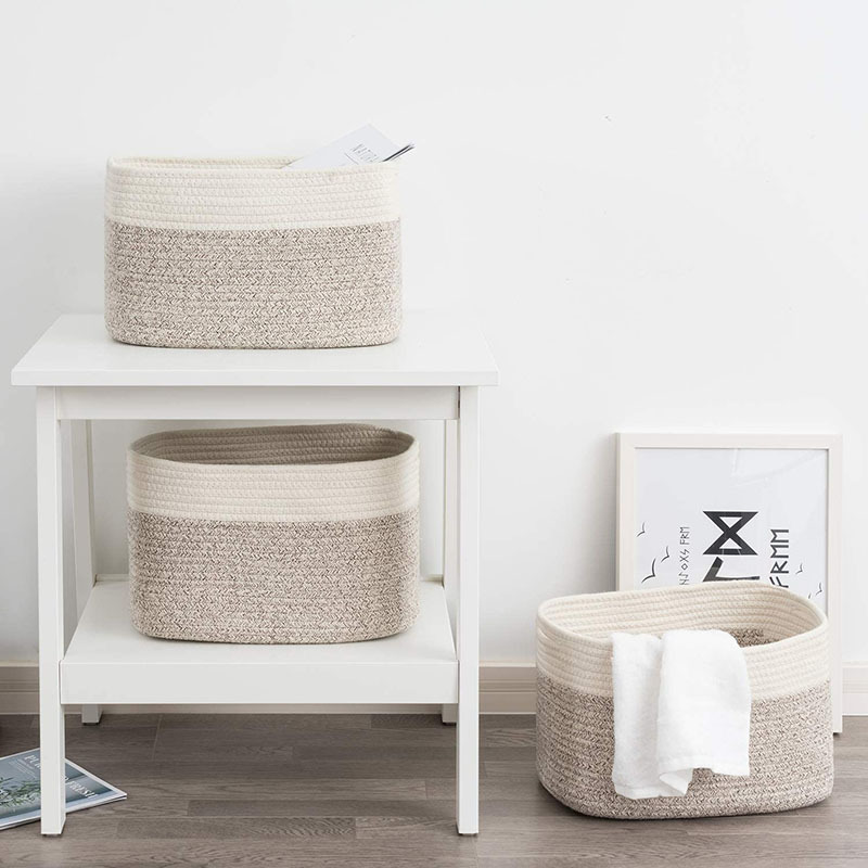 20L Natural Cotton Oval Woven Storage Box Toy Makeup Storage Bins Organizer of Desk Gray Cotton Rope Baskets with Handles