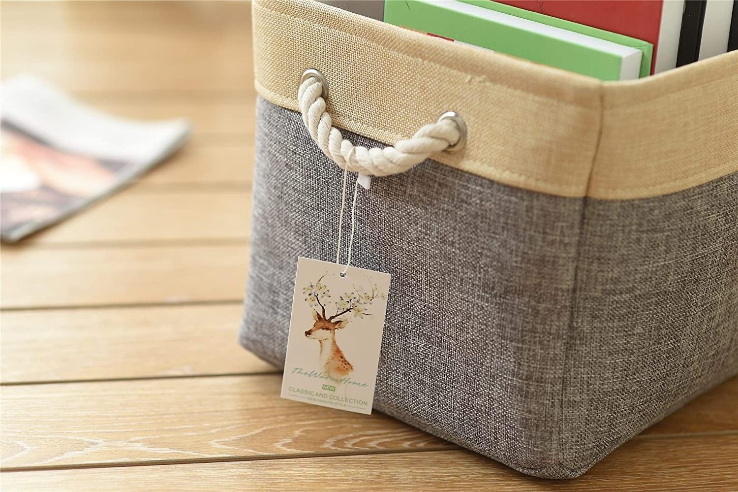 Rectangular Decorative Foldable Storage Basket with Carry Handles Linen Fabric Collapsible Storage Bin Organizer for Home Closet