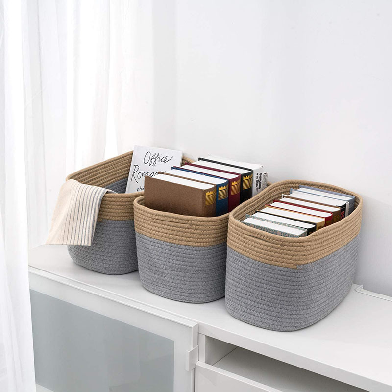 20L Natural Cotton Oval Woven Storage Box Toy Makeup Storage Bins Organizer of Desk Gray Cotton Rope Baskets with Handles