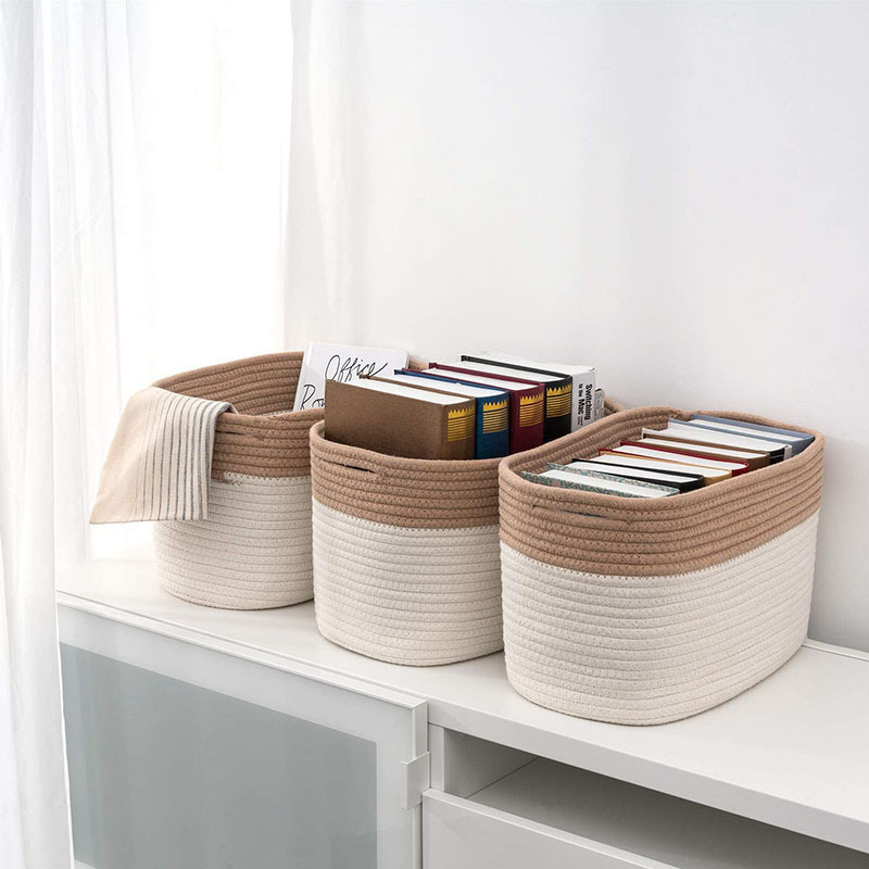 20L Natural Cotton Oval Woven Storage Box Toy Makeup Storage Bins Organizer of Desk Gray Cotton Rope Baskets with Handles