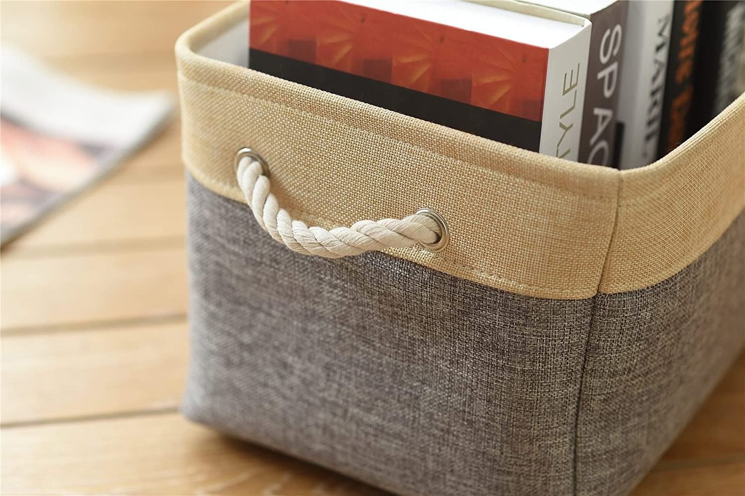 Rectangular Decorative Foldable Storage Basket with Carry Handles Linen Fabric Collapsible Storage Bin Organizer for Home Closet