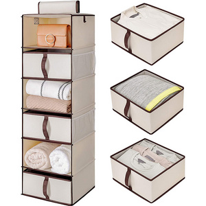 Custom Canvas Fabric Collapsible Closet Shelves Storage Organizer with 3 Drawers 6-Shelf Foldable Hanging Closet Organizer