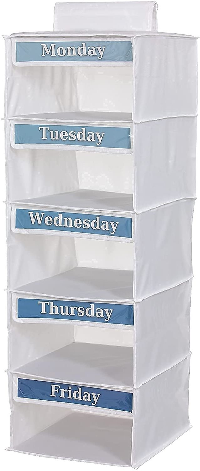 Weekly 5-Shelf Clothes Organizer Bag Clothes Organizer for Kid Hanging Closet Organizer with Weekday Card Storage Bag Foldable