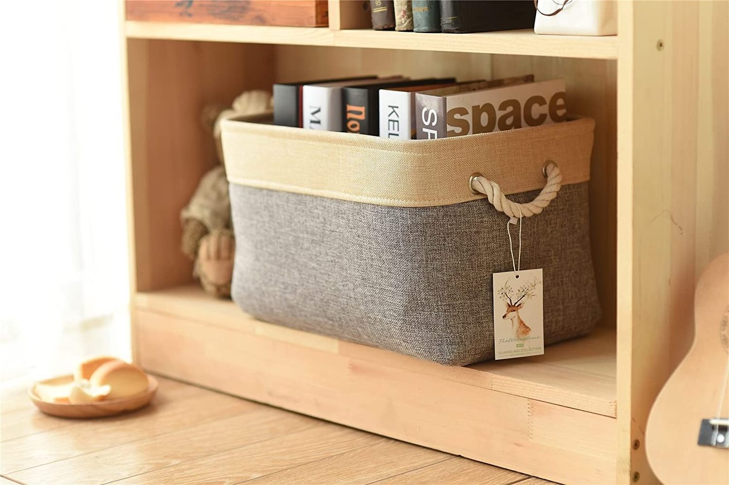 Rectangular Decorative Foldable Storage Basket with Carry Handles Linen Fabric Collapsible Storage Bin Organizer for Home Closet