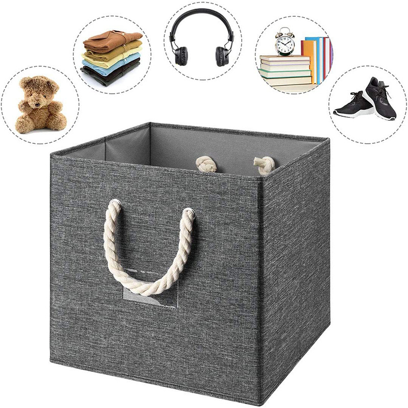 Custom Linen Fabric Closet Storage Organizer Collapsible Storage Box Bin Foldable Storage Cube Basket with Cotton Rope Handle