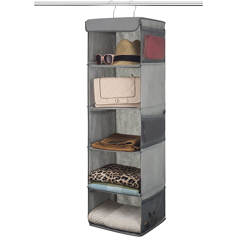 Factory Outlet Folding Hanging Storage Bag with Hooks 5 Shelves Hanging Closet Organizer with Side Pockets For wardrobes