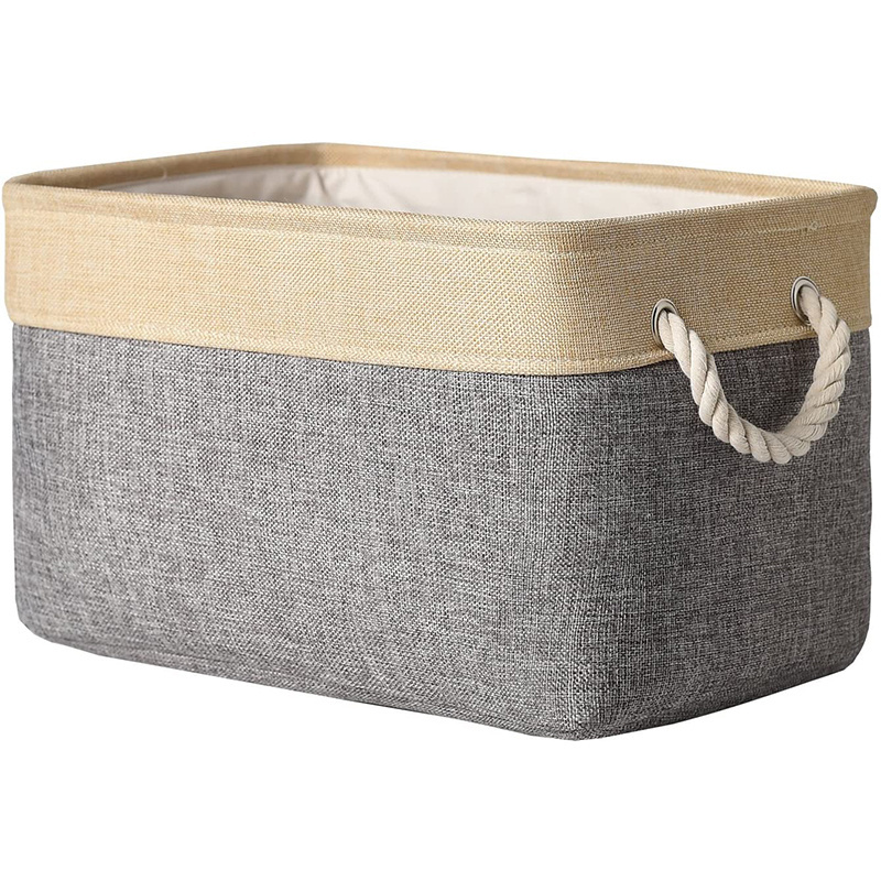 Rectangular Decorative Foldable Storage Basket with Carry Handles Linen Fabric Collapsible Storage Bin Organizer for Home Closet