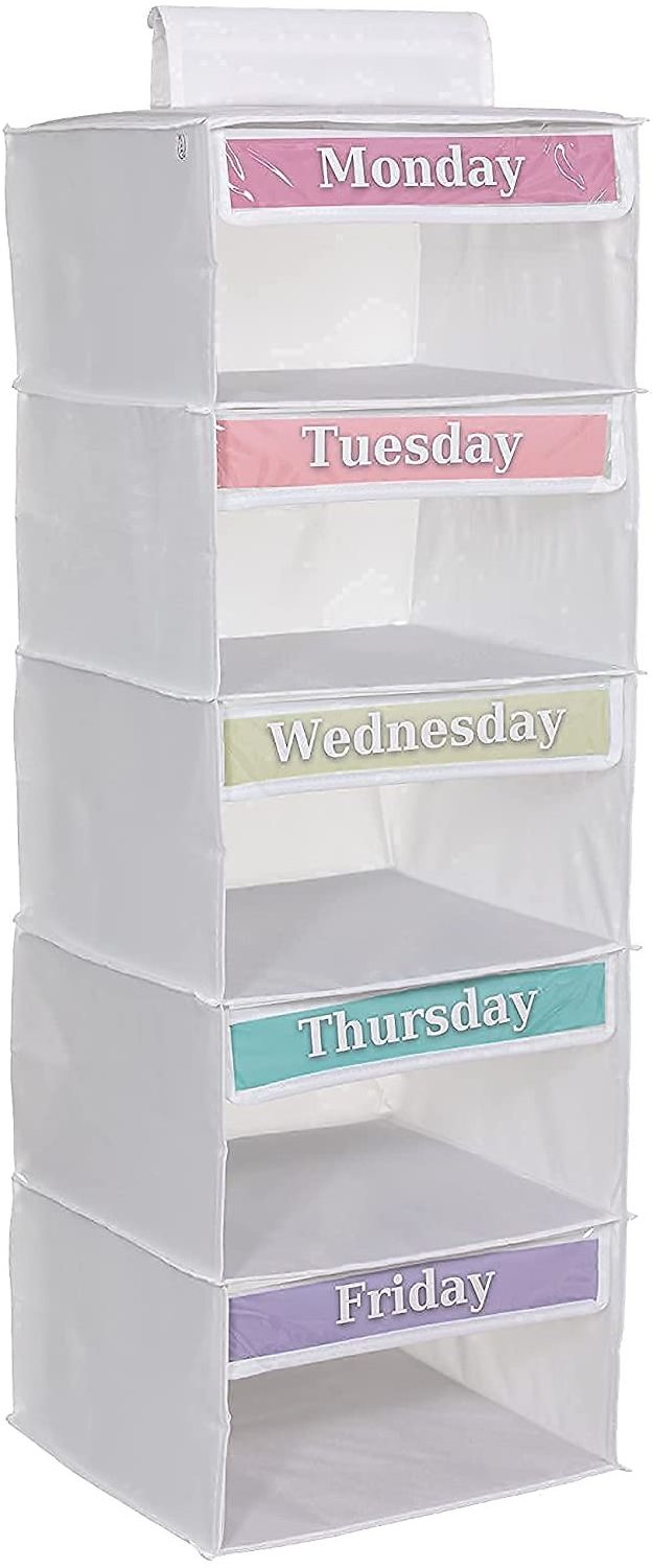 Weekly 5-Shelf Clothes Organizer Bag Clothes Organizer for Kid Hanging Closet Organizer with Weekday Card Storage Bag Foldable