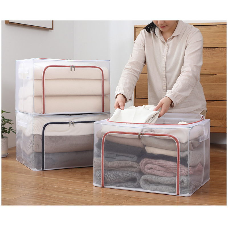 66L Large Capacity Clothes Organizer Clear Mesh Window Foldable Storage Bins Waterproof Storage Organizer with Carry Handles