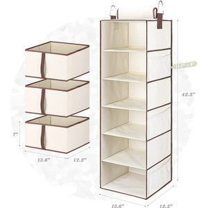 Oxford Cloth 6-Shelf Hanging Closet Organizer with Drawer 6 Layers Folding Hanging Closet Storage Shelves of Wardrobe with Hooks