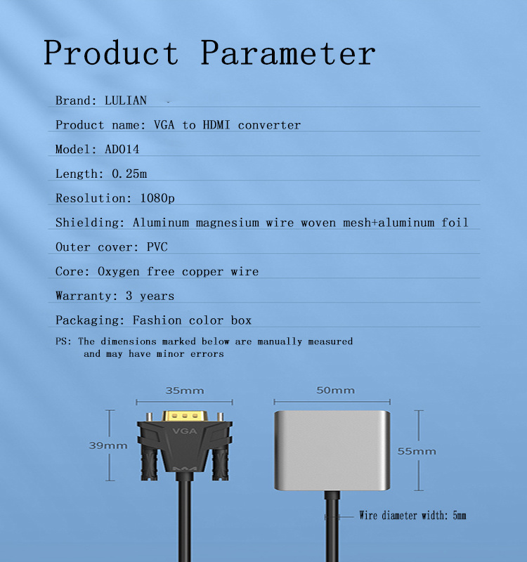 VGA to HDMI converter cable with audio and high-definition video adapter Huawei Xiaomi laptop connected to TV monitor projector