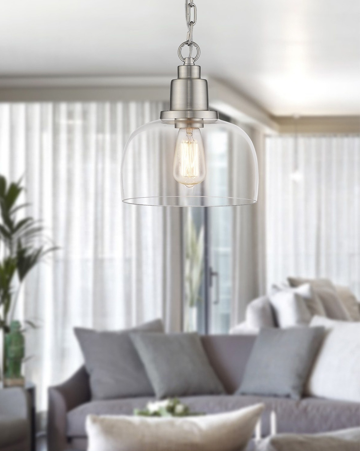 Modern Farmhouse Pendant Light 1-light Industrial Hanging Light Fixture Brushed Nickel Finish with Clear Glass Shade for Home 90