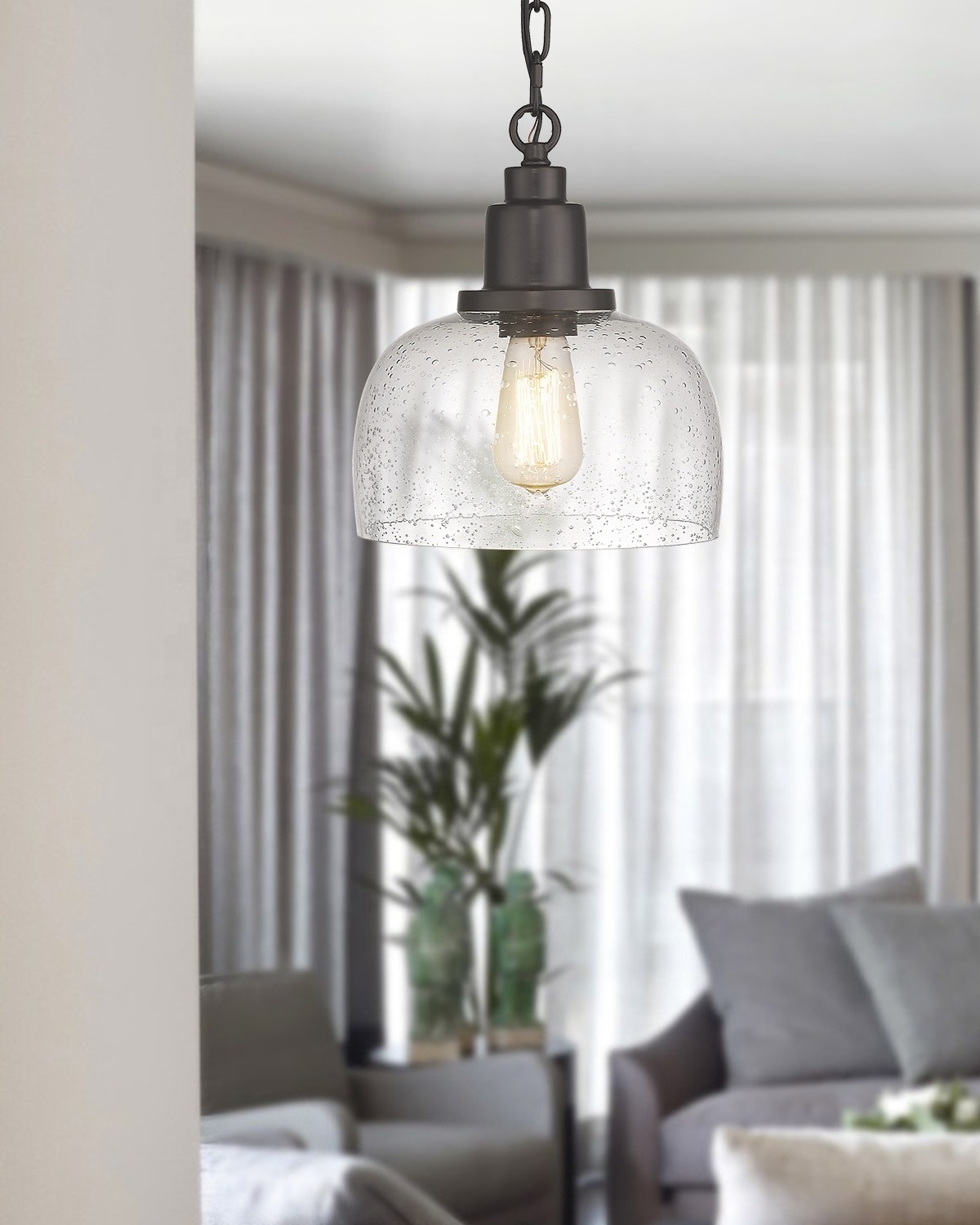 Modern Farmhouse Pendant Light 1-light Industrial Hanging Light Fixture Oil Rubbed Bronze Finish with Clear Seeded Glass Shade