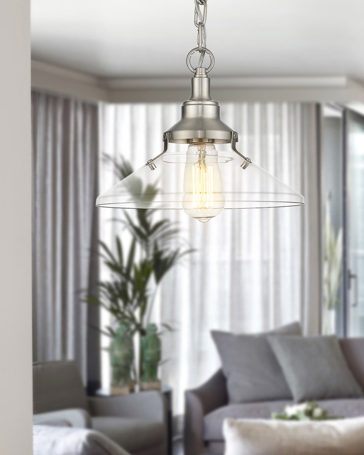 New 1-light Farmhouse Pendant Light Vintage Hanging Light Fixture for Dining Room Brushed Nickel Finish with Clear Glass Shade