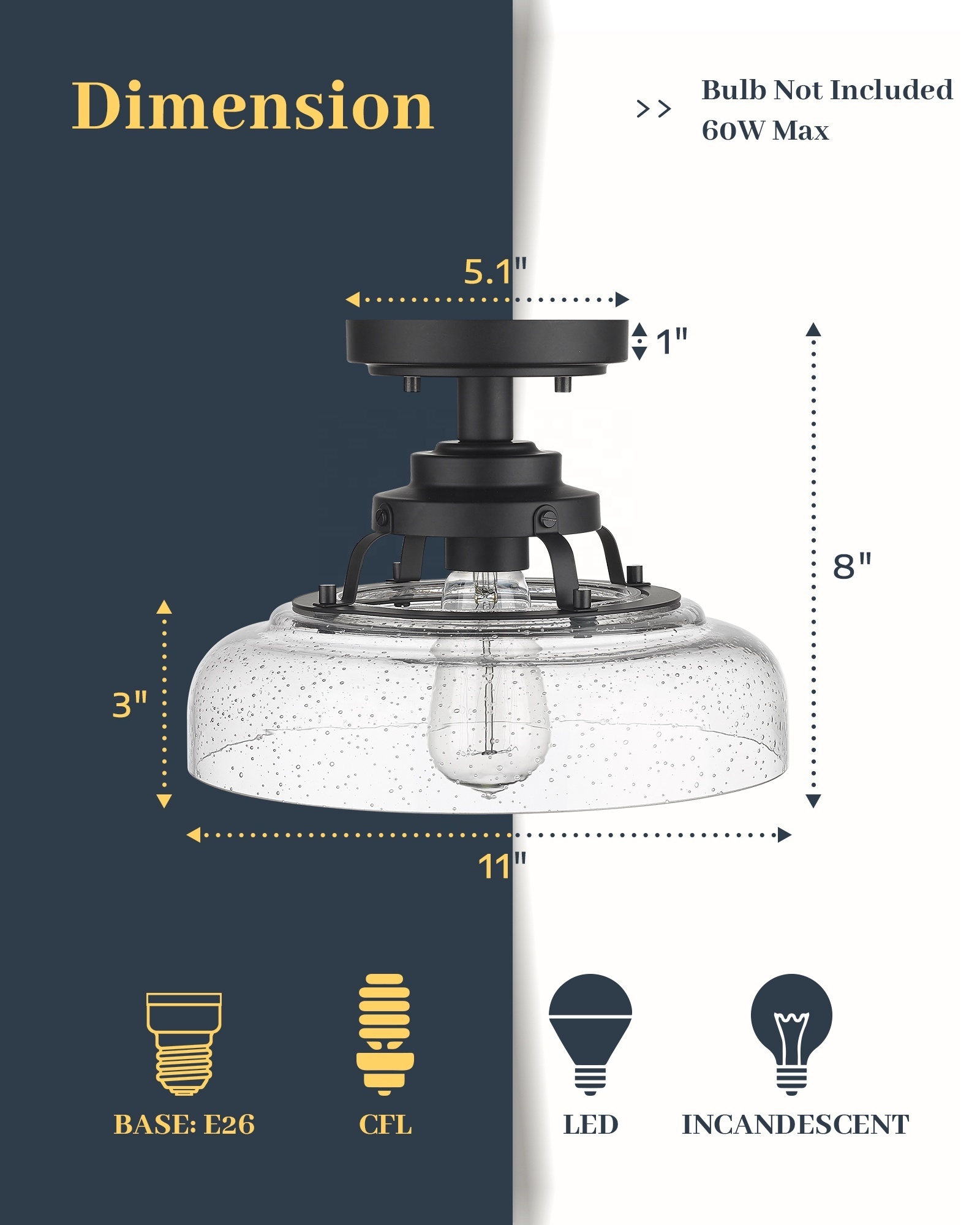 Farmhouse Semi Flush Mount Modern Ceiling Light Fixture 1-Light Smart Black Industrial Chandelier Led Pendant Lamp For Home