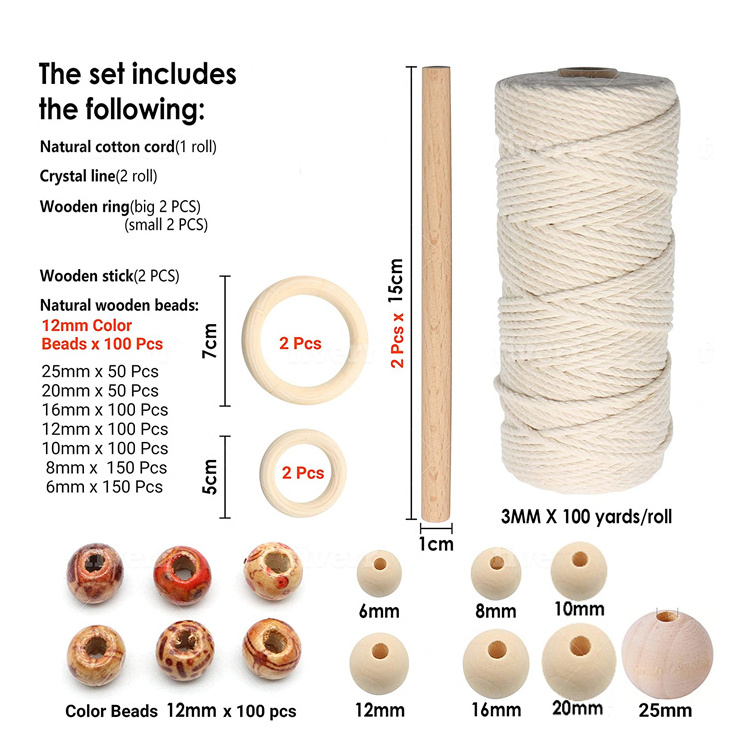 800pcs Wooden Beads 109 Yards 3mm Natural Macrame Cord 100% Soft Cotton Macrame Rope DIY Plant Hanger Bracket Making Macrame Kit