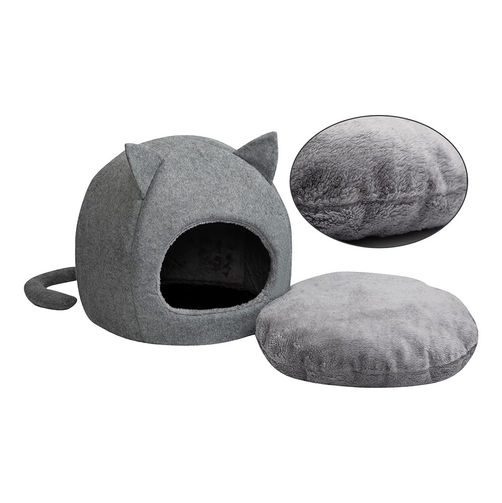 Felt Pet Bed Cat Tent Cave Kittens Triangle Feline House Hut with Cushion for Indoor Outdoor