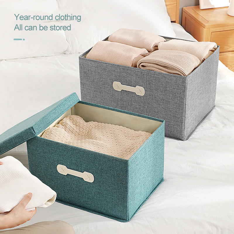 Foldable Removable Lids Cotton Linen Home Storage Cubes Bins Baskets Cloth Closet Organizer with Handles