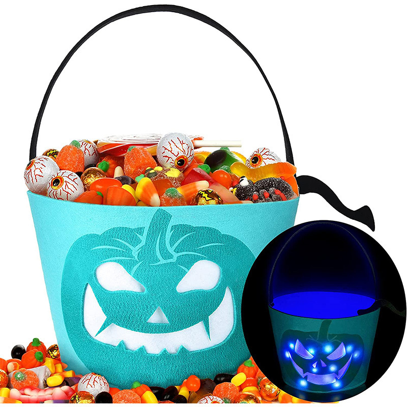 Multipurpose Reusable Light up Pumpkin Felt Bucket Trick or Treat Bucket with LED Light Halloween Candy Buckets for Kids