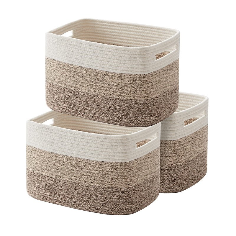 Large Rectangle Woven Cotton Rope Foldable Storage Basket For Laundry With Handle Baby Cloth Storage