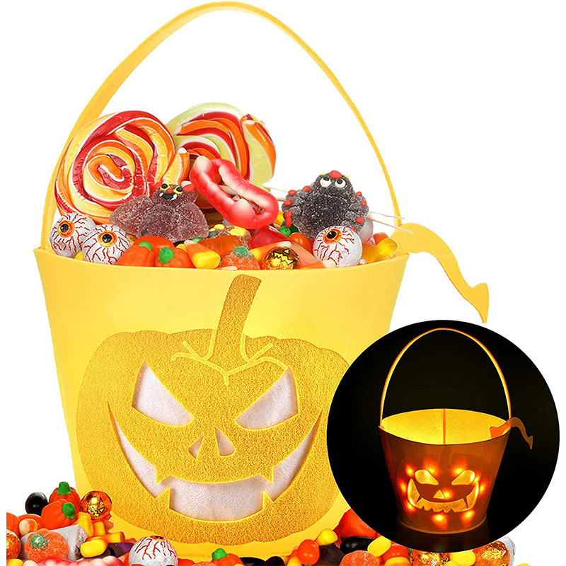 Multipurpose Reusable Light up Pumpkin Felt Bucket Trick or Treat Bucket with LED Light Halloween Candy Buckets for Kids