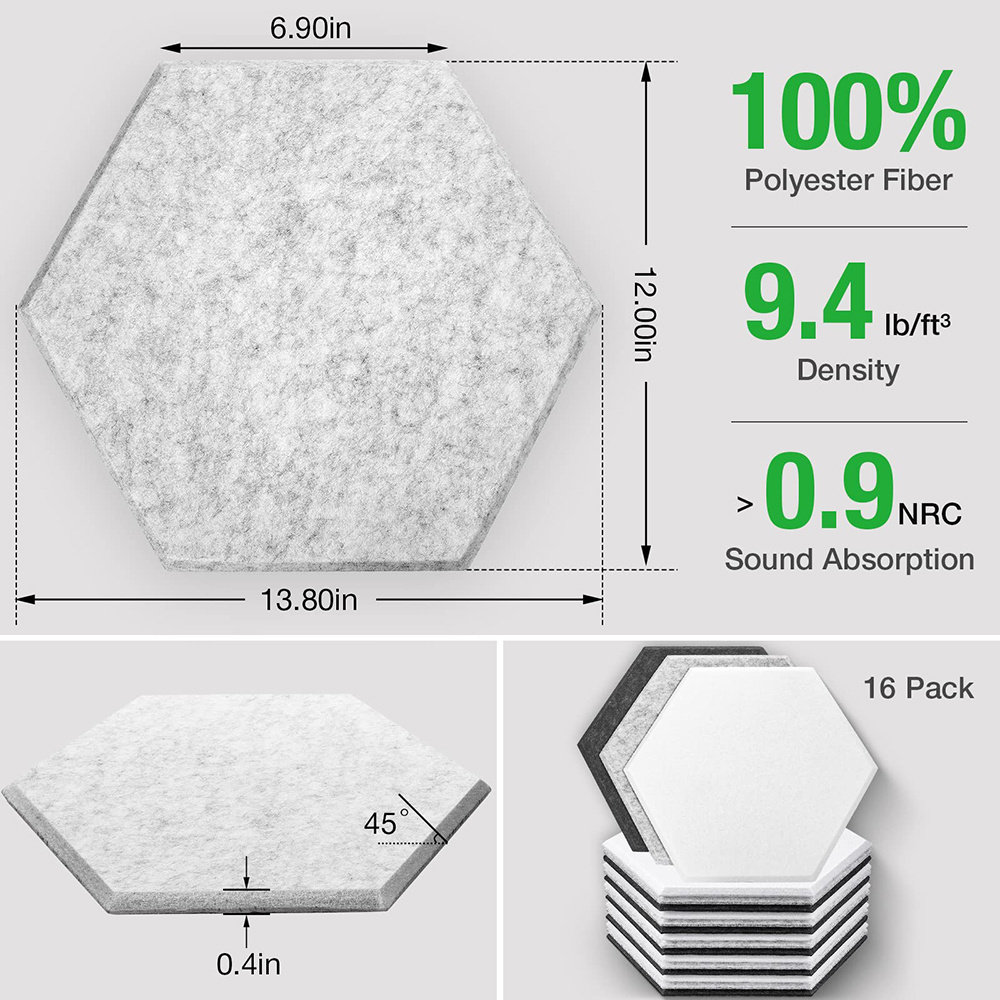 Hexagon Acoustic Panels Felt Sound Proofing Padding Beveled Edge Flame Retardant High Density Dampening Panel for Office