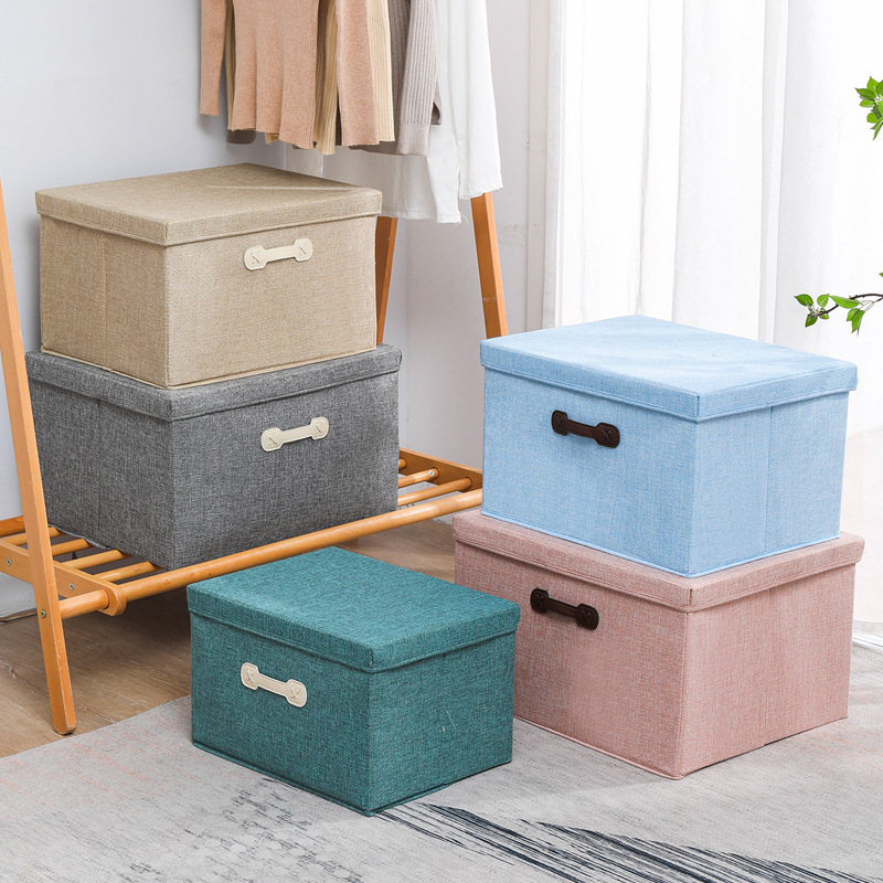 Foldable Removable Lids Cotton Linen Home Storage Cubes Bins Baskets Cloth Closet Organizer with Handles