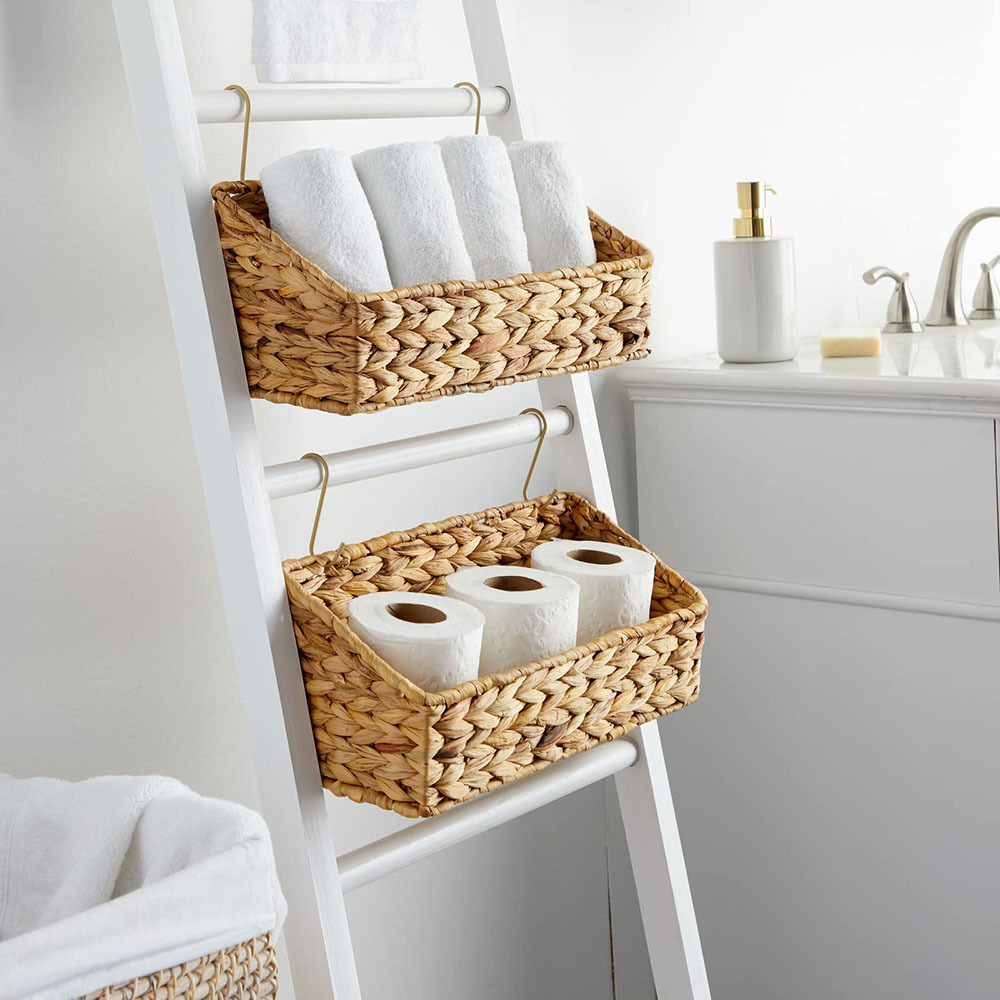 Water Hyacinth And Iron Frame Rectangular Bathroom Storage Organizer Basket Wicker Decorative Toilet Roll Holder With Handle