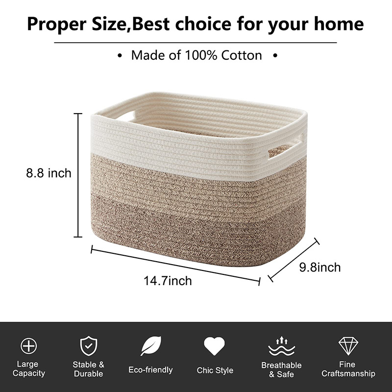 Large Rectangle Woven Cotton Rope Foldable Storage Basket For Laundry With Handle Baby Cloth Storage