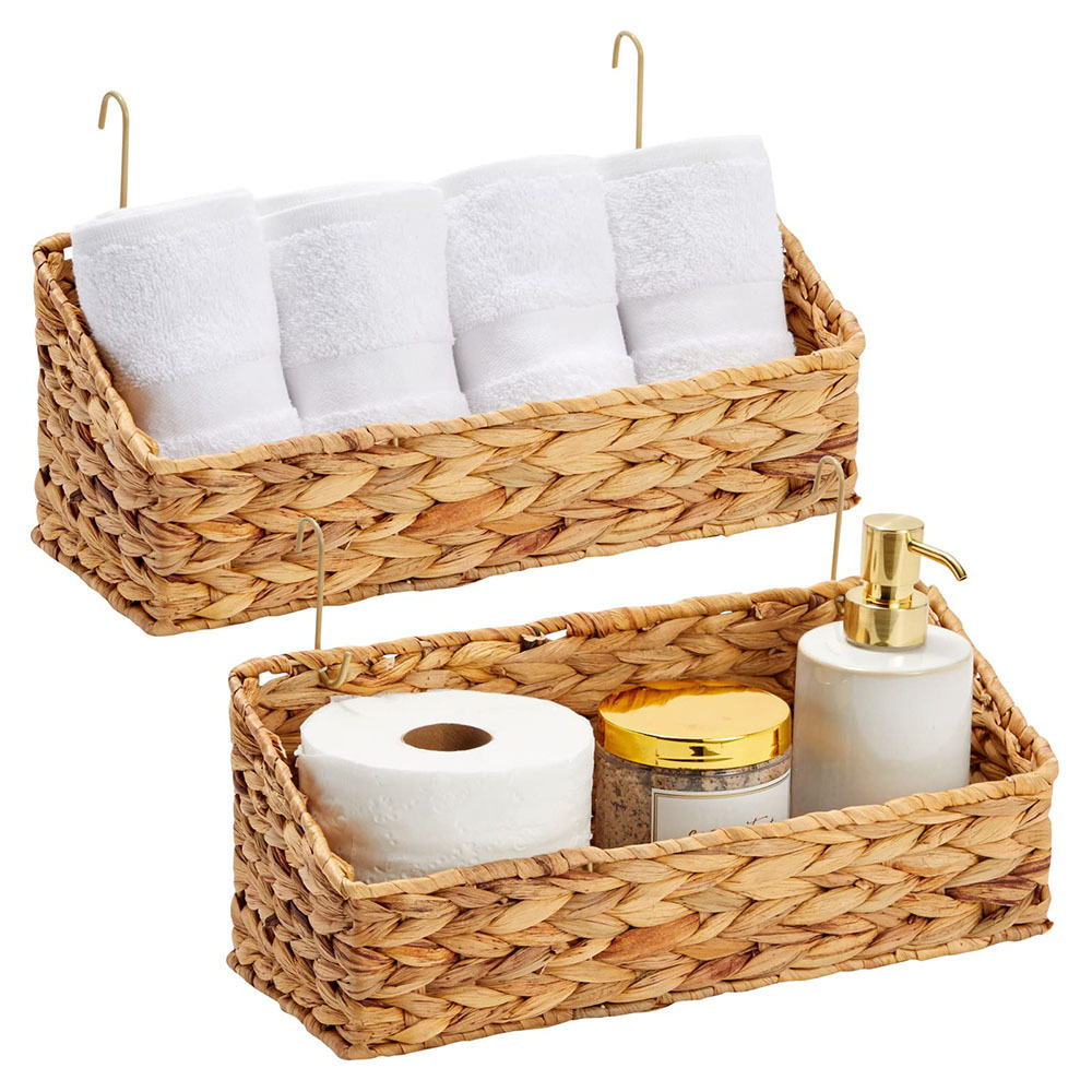 Water Hyacinth And Iron Frame Rectangular Bathroom Storage Organizer Basket Wicker Decorative Toilet Roll Holder With Handle