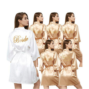 Qushine Wholesale Satin Silk Short Robes  women With Gold Glitter For Bride And Bridesmaid Wedding Designer Bridal Bathrobe