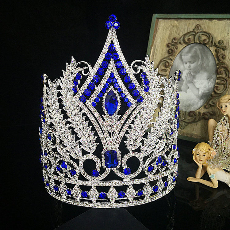 Qushine New Big Crown Miss World Tall Tiara Blue Beauty Large Pageant Queen Crowns