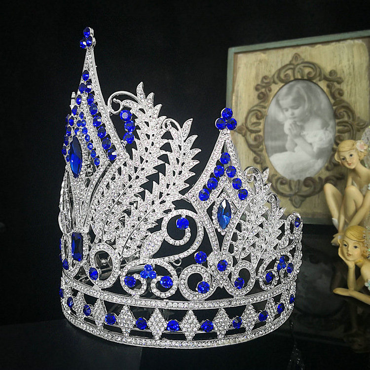 Qushine New Big Crown Miss World Tall Tiara Blue Beauty Large Pageant Queen Crowns