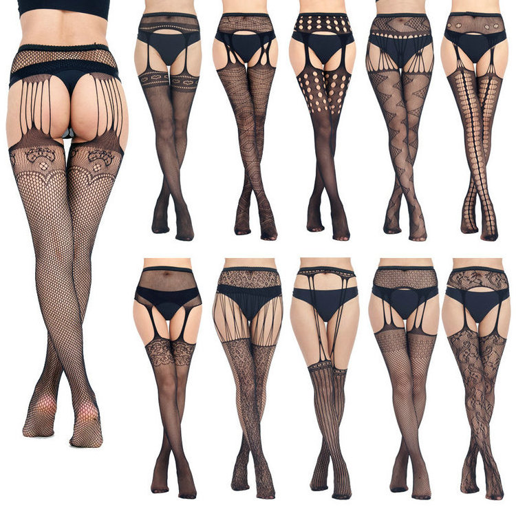 Qushine Women Lace Fishnet Stockings Suspender Tights Garter Belt Pantyhose Sexy Lingeries Stockings